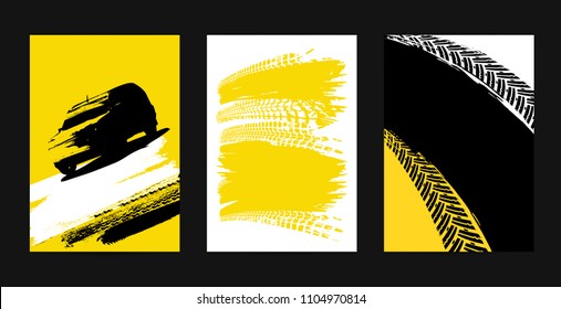 Vector automotive posters template. Grunge tire tracks backgrounds for portrait poster, digital banner, flyer, booklet, brochure and web design. Editable graphic image in black, yellow, white colors