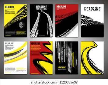 Vector automotive posters template. Grunge tire tracks backgrounds for vertical  poster, digital banner, flyer, booklet, brochure cover and web design. Editable graphic image in bright colors