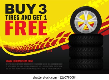 Vector automotive sale out banner template. Grunge tire tracks background for landscape poster, digital banner, flyer, booklet, leaflet design. Editable graphic image in black, yellow and red colors