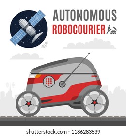 Vector autonomous delivery sidewalk robocourier flat illustration with satellite. Future robot for packages and food transportation.
