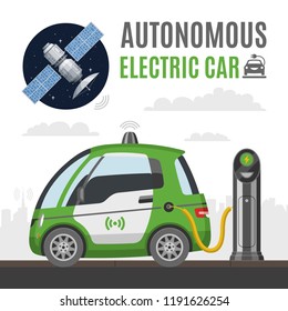 Vector autonomous electric city car flat illustration with satellite and charger station. Future self drive smart electricity vehicle.