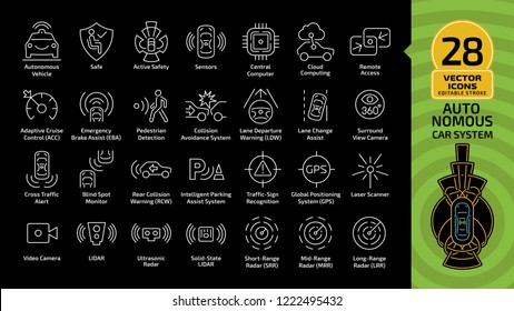 Vector autonomous self drive car sensor control system editable stroke outline icon set on a black background. Driverless vehicle advanced assistance remote technology with radar thin line pictogram.