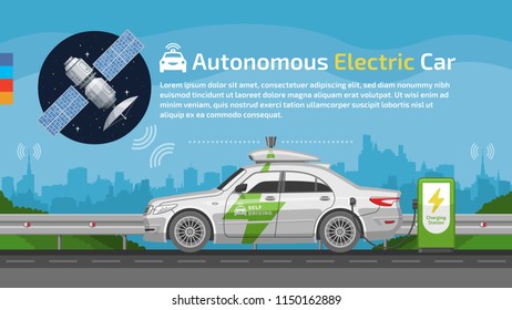 Vector autonomous self drive electric sedan car mockup with communication GPS radar satellite, charge station, road and city background.