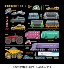 Vector autonomous self drive transport set, driverless vehicles: city and race car, taxi, bus, delivery van, robocourier, tractor, haul and heavy duty truck, satellite and charge station illustration.
