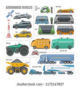 Vector autonomous self drive vehicles set, driverless transport with city and race car, taxi, bus, delivery van, robocourier, tractor, haul and heavy duty truck, satellite, antenna, charge station.