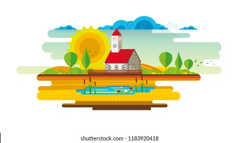 Vector Autumn Abstract Landscape with Church.