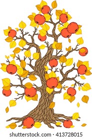 vector autumn apple tree with yellow falling leaves and ripe red apples