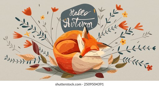 Fondo de arte de otoño de Vector con lindo zorro durmiente en hojas y flores para el diseño de tarjetas, invitaciones, Fondos de pantalla, embalaje, interior, cartel, impresión, felicitaciones. Hola, otoño.