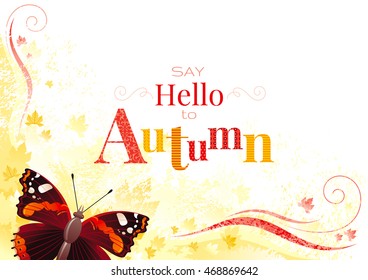Vector autumn background with admiral butterfly insect, yellow leaf, abstract wave line, swirl, natural logo, copy space. Seasonal vector illustration in abstract modern style with text lettering.

