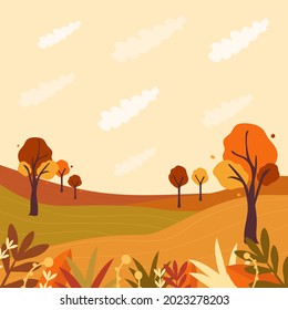 Vector autumn background, backdrop,wallpaper.Illustration with fall nature, trees and clouds. Plants, leaves, foliage are at the first ground.