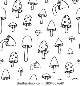 Fondo de otoño vectorial. Patrón ininterrumpido de hongos negros y blancos