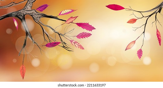 Vector autumn background, branches with autumn leaves, blur and bokeh effect