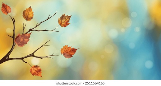 Fondo de otoño de Vector, ramas con hojas de otoño, efecto borroso y bokeh