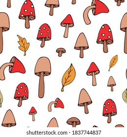 Vector autumn background. Bright mushroom seamless pattern