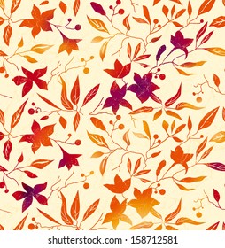 Vector autumn background with bright orange, red leaves and flowers on a beige background.