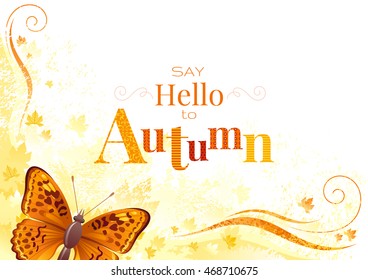 Vector autumn background with butterfly insect, yellow, orange leafs,abstract wave line, swirl, logo and copy space. Seasonal vector illustration in abstract modern style with text lettering.