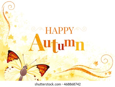 Vector autumn background with butterfly insect, yellow, orange leaf ,abstract wave line, swirl, natural logo, copy space. Seasonal vector illustration in abstract modern style with text lettering.