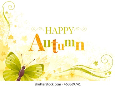 Vector autumn background with butterfly insect, yellow, orange leaf, abstract wave line, swirl, natural logo, copy space. Seasonal vector illustration in abstract modern style with text lettering.

