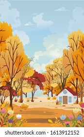 Vector Autumn background with copy space for text,Autumn landscape forest park with farm house, maples leaves falling from tree, Background for banner, posters, design templates for fall season.