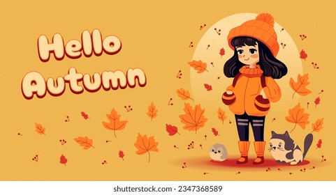 Vector autumn background with cute character