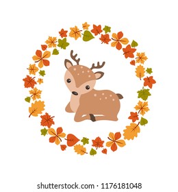 Vector autumn background with cute deer. Postcard Hello Autumn.