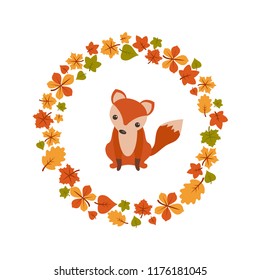 Vector autumn background with cute fox. Postcard Hello Autumn.