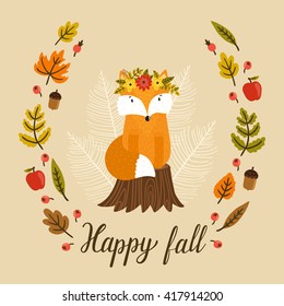 Vector autumn background with cute fox, wreath from autumn leaves, berries, apples and text "Happy fall". Hand drawn little fox is sitting on the stump. Cartoon character. Beautiful childish poster.