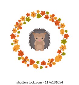 Vector autumn background with cute hedgehog. Postcard Hello Autumn.