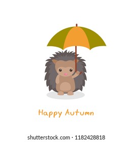 Vector autumn background with cute hedgehog. Happy autumn and harvest.