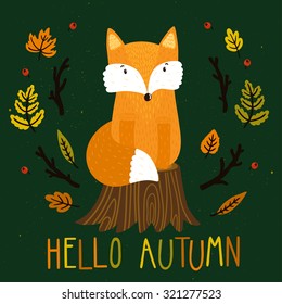 Vector autumn background with cute little fox, falling leaves, branches and text "Hello autumn". Childish natural background with cartoon character.