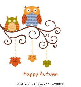 Vector autumn background with cute owls. Happy autumn and harvest.