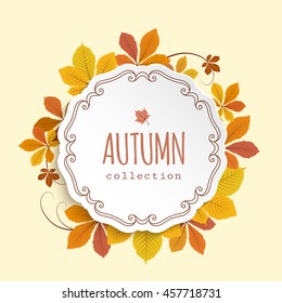 Vector autumn background, cutout paper label, circle frame with fallen yellow chestnut leaves