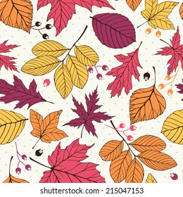Vector autumn background with decorative colorful leaves. Seamless autumn pattern. Holiday design for wedding, birthday or greeting cards or invitation.