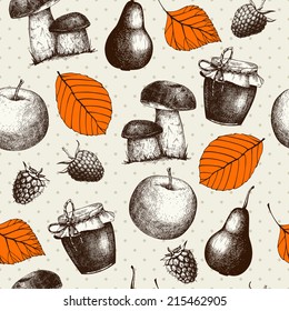 Vector autumn background with decorative colorful leaves, fruits and mushroom. Seamless autumn pattern. 
