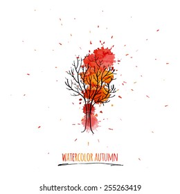 Vector autumn background drawn in ink and watercolor