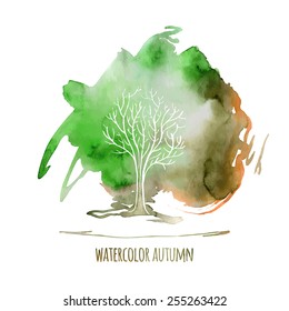 Vector autumn background drawn in ink and watercolor