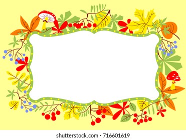 Vector autumn background. Fall frame illustration with leaves, berries and mushrooms. 