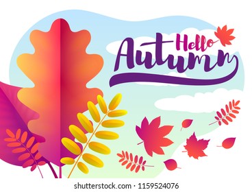 Vector Autumn background of fallen gold and red oak leaves, mountain ash, aspen, maple. Falling leaves picked up by the wind against the sky with white clouds.