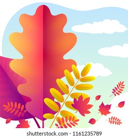 Vector Autumn background of fallen gold and red oak leaves, rowan, aspen, maple. Falling leaves picked up by the wind against the sky with white clouds. Grove of trees.