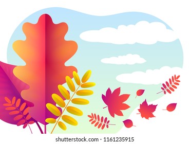 Vector Autumn background of fallen gold and red oak leaves, rowan, aspen, maple. Falling leaves picked up by the wind against the sky with white clouds. Grove of trees.