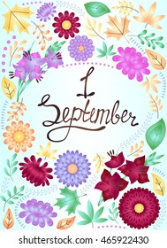 Vector autumn background first september with gradient flowers and leaves