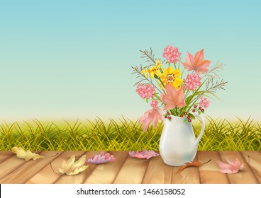 Vector autumn background with floral bouquet in ceramic jug, fallen leaves, textured wooden floor against blue sky