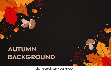 Vector autumn background with foliage, vegetables, cup and candles. Flat illustration with blank space for a platformer, a banner on a website.