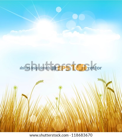 vector autumn background with grass and blue sky