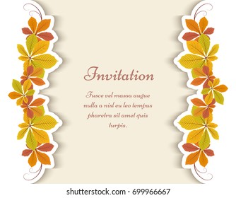 Vector autumn background, greeting card or invitation template decorated with yellow chestnut leaves, eps10