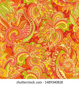 Vector autumn background with hand made floral pattern. Doodles.