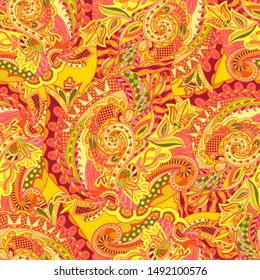 Vector autumn background with hand made floral and leaf pattern. Autumn colors. Doodles.