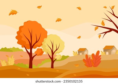 vector autumn background illustration in flat design with tree, leaves and houses