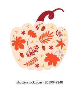 Fondo de otoño vectorial. Hojas de otoño, bayas, una bellota dentro de una calabaza. Ilustración plana vectorial.