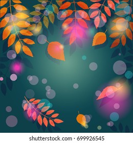 Vector autumn background with leaves and bokeh lights. Leaf fall. Banner, flyer, brochure, web. Advertising